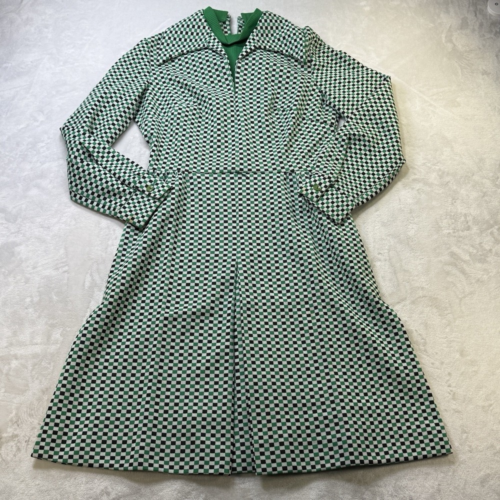 Vintage 70s Checkerboard‎ Midi Dress Green Black Mod Disco Retro Boho